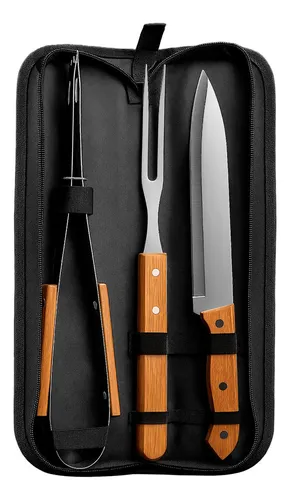 Kit Utensílios De Churrasco Cozinha Garfo Faca Pegador Bolsa
